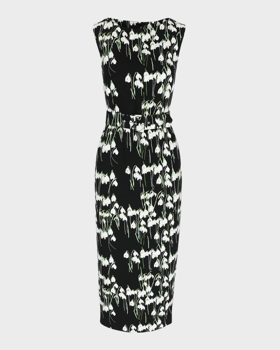 Flower-Print Boat-Neck Belted Midi Dress